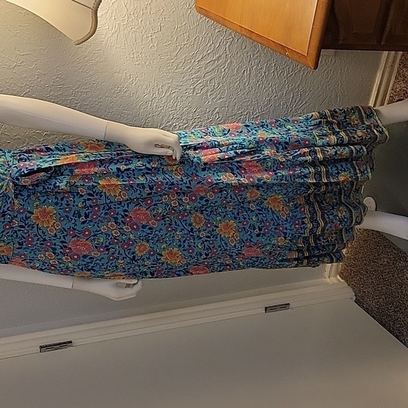 Zesica 1990s Turquoise Surplice Floral Wrap Maxi Prairie Dress - Picture 5 of 13